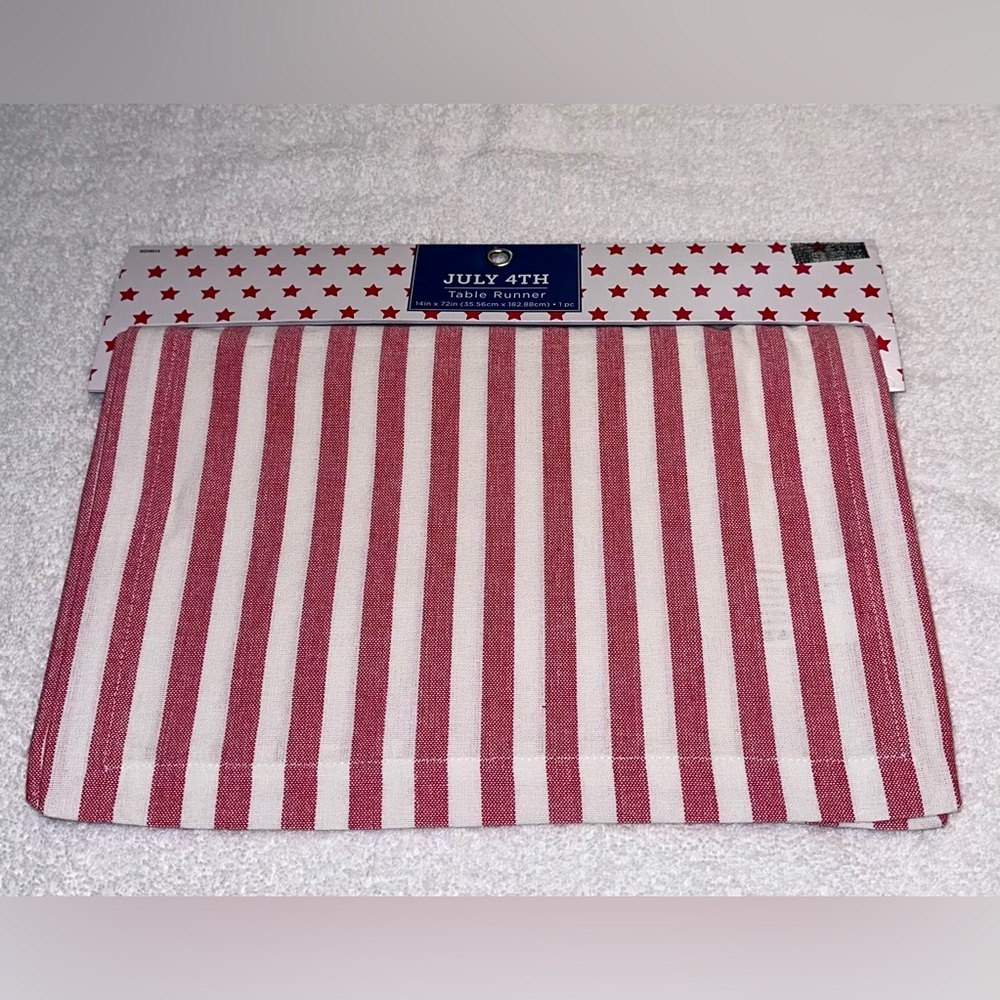 NWT July 4th Red and White Striped Table Runner. 14in X 72in - Picture 2 of 5